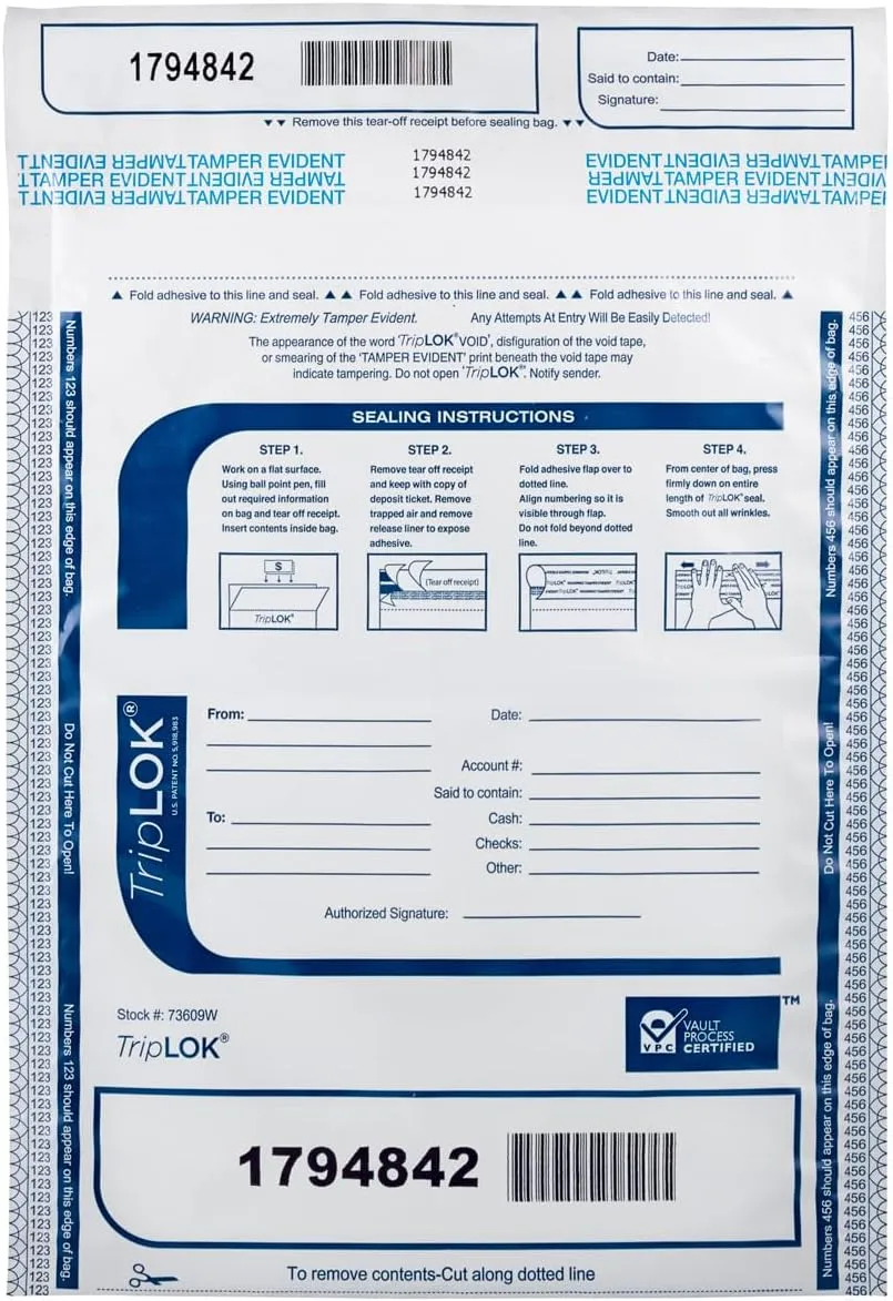 ControlTek TripLok 9" x 12", White with Pocket, 100 Bags, Tamper-Evident Deposit Bags for Cash Handling & Valuables, Moisture, Heat and Cold Sensitive Ink, Tear-Off Receipt   Large Barcodes 585036