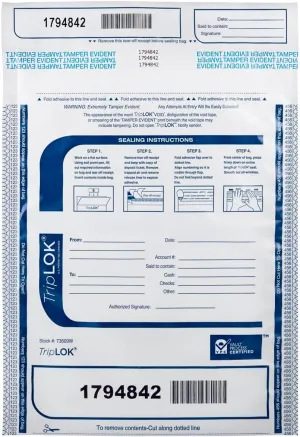 ControlTek TripLok 9" x 12", White with Pocket, 100 Bags, Tamper-Evident Deposit Bags for Cash Handling & Valuables, Moisture, Heat and Cold Sensitive Ink, Tear-Off Receipt   Large Barcodes 585036