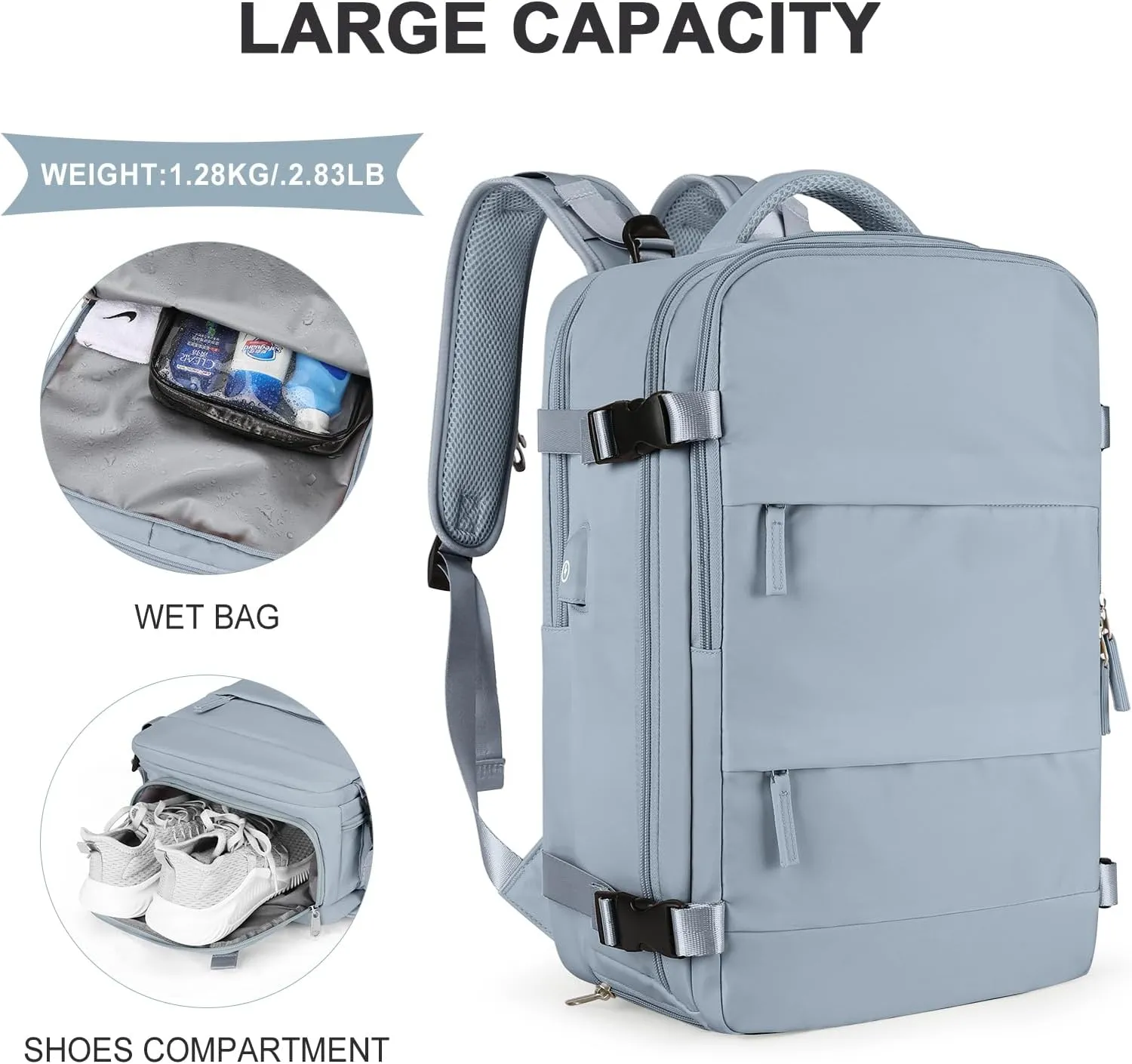 coowoz Large Travel Backpack For Women Men,Carry On Backpack Flight Approved,Hiking Backpack Waterproof Outdoor Rucksack Casual Daypack Fit 15.6 Inch Laptop Shoes Compartment (Gray Blue-L)