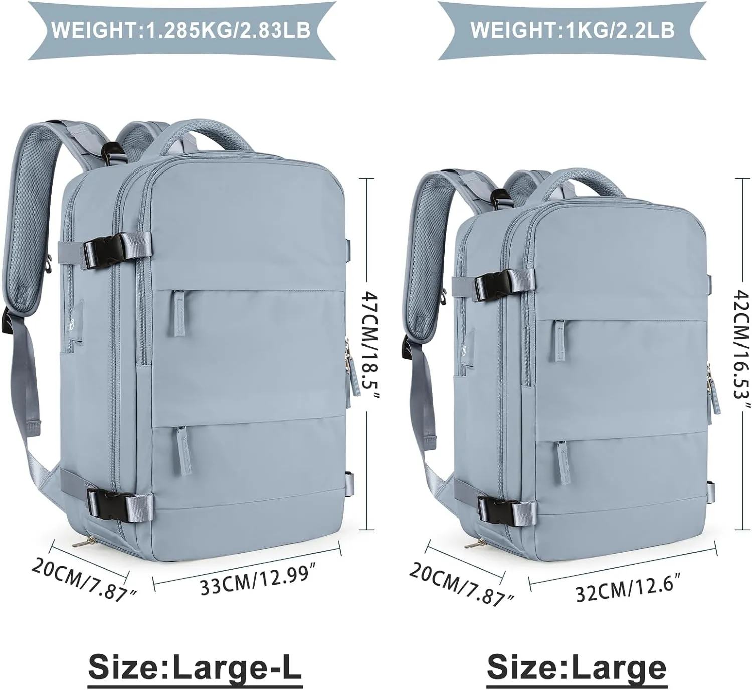 coowoz Large Travel Backpack For Women Men,Carry On Backpack Flight Approved,Hiking Backpack Waterproof Outdoor Rucksack Casual Daypack Fit 15.6 Inch Laptop Shoes Compartment (Gray Blue-L)