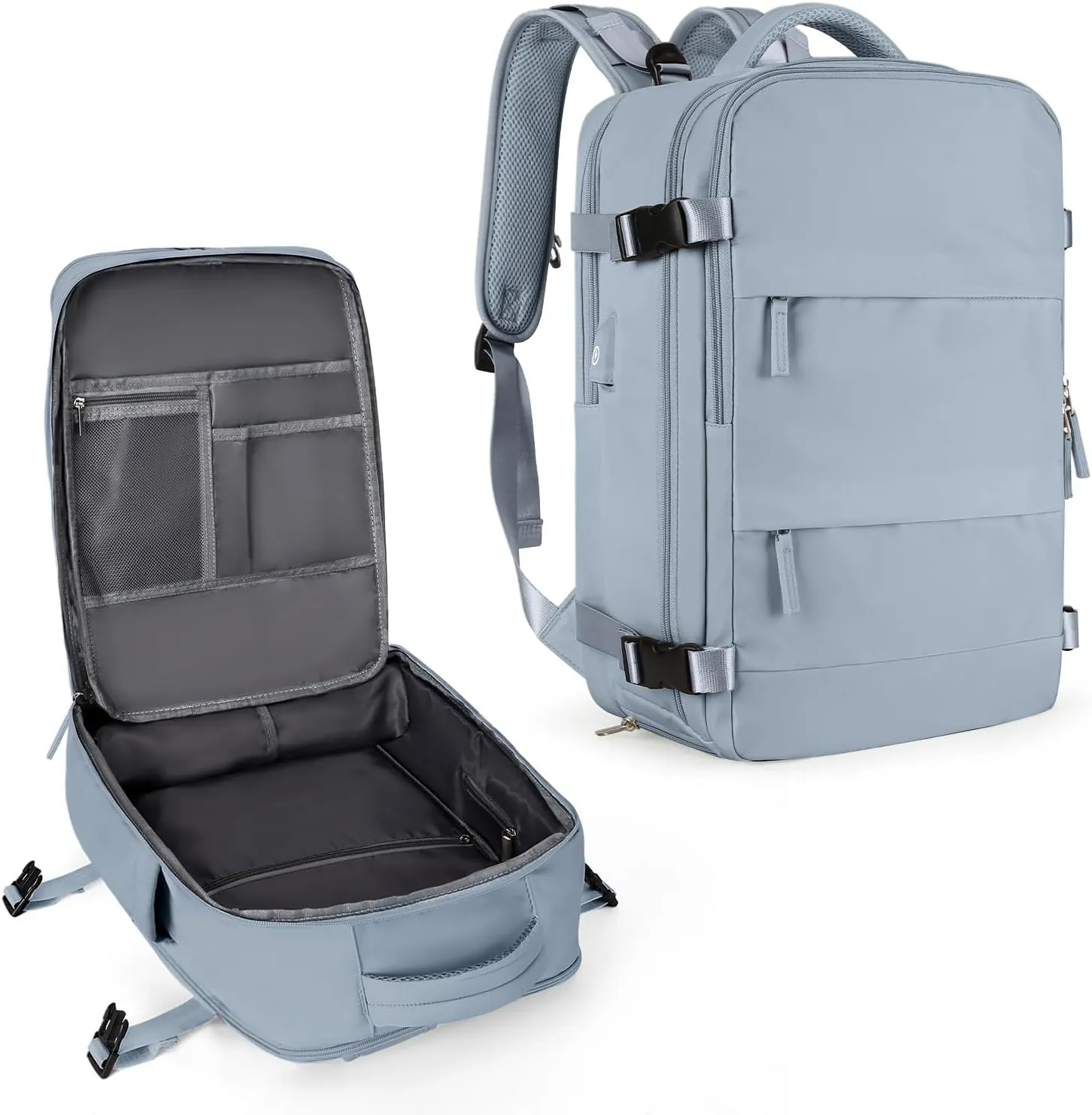 coowoz Large Travel Backpack For Women Men,Carry On Backpack Flight Approved,Hiking Backpack Waterproof Outdoor Rucksack Casual Daypack Fit 15.6 Inch Laptop Shoes Compartment (Gray Blue-L)