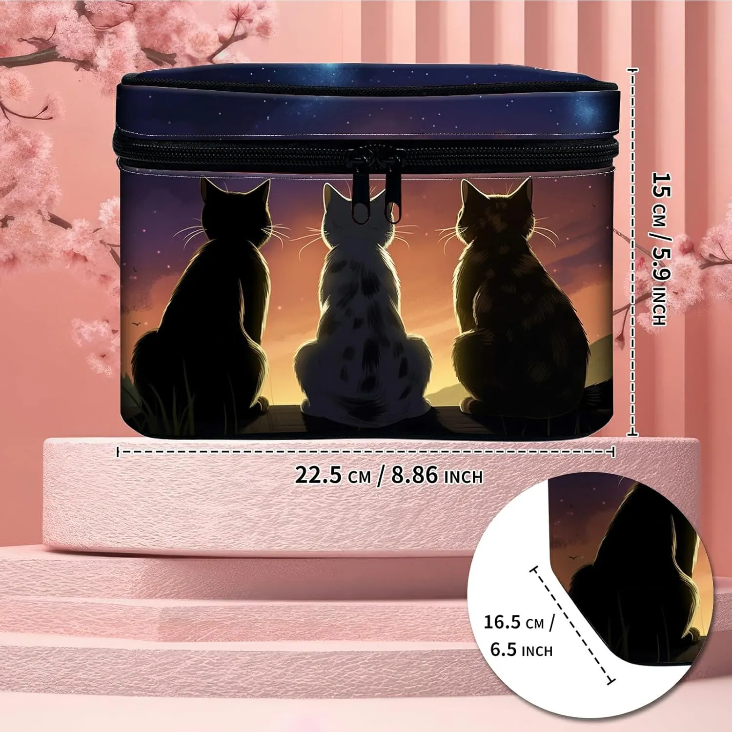 Cosmetic Bags for Women with Dividers, Cute Makeup Bags Travel Bag with Handle Designs, Large Capacity Wash Bag Portable Cosmetic Organizer Storage Case for Ladies Accessories, Cat's Back