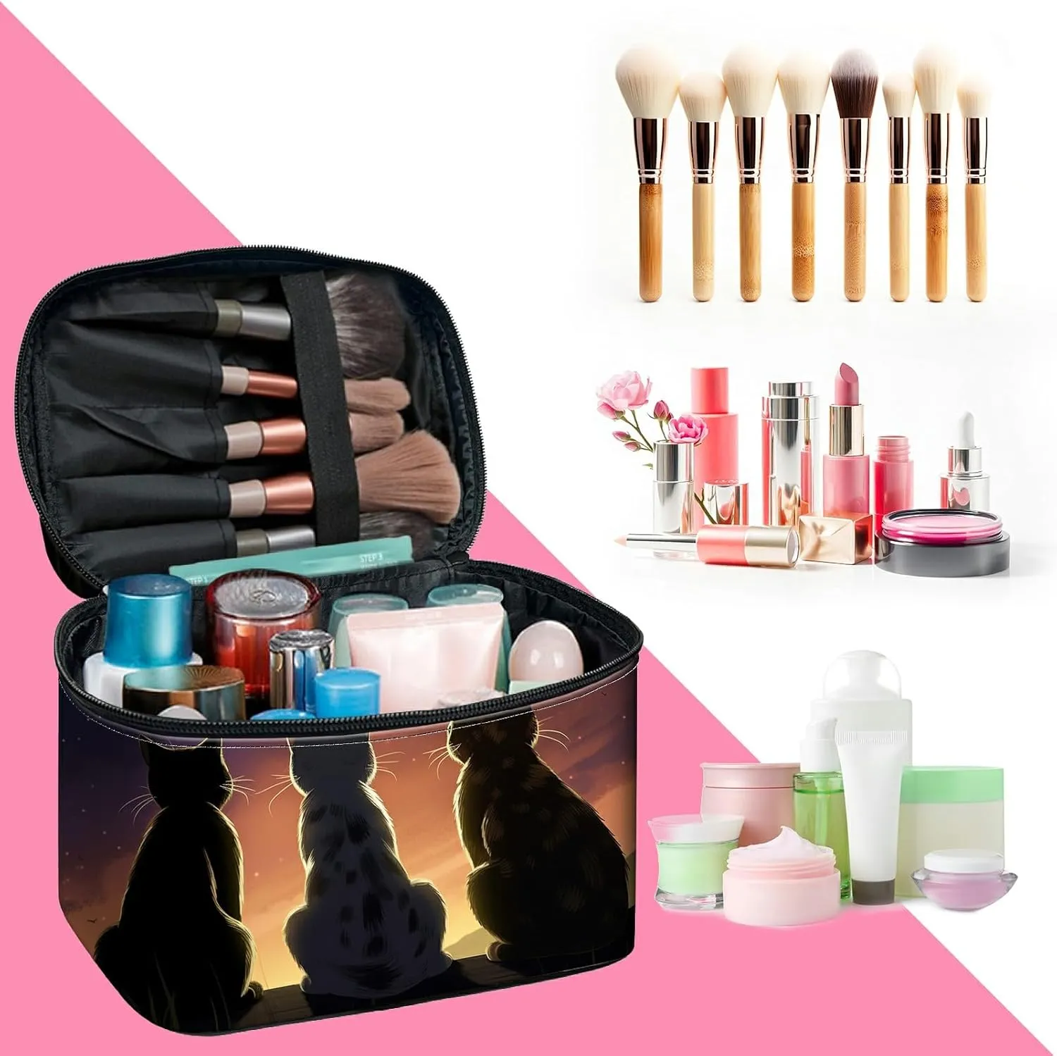 Cosmetic Bags for Women with Dividers, Cute Makeup Bags Travel Bag with Handle Designs, Large Capacity Wash Bag Portable Cosmetic Organizer Storage Case for Ladies Accessories, Cat's Back