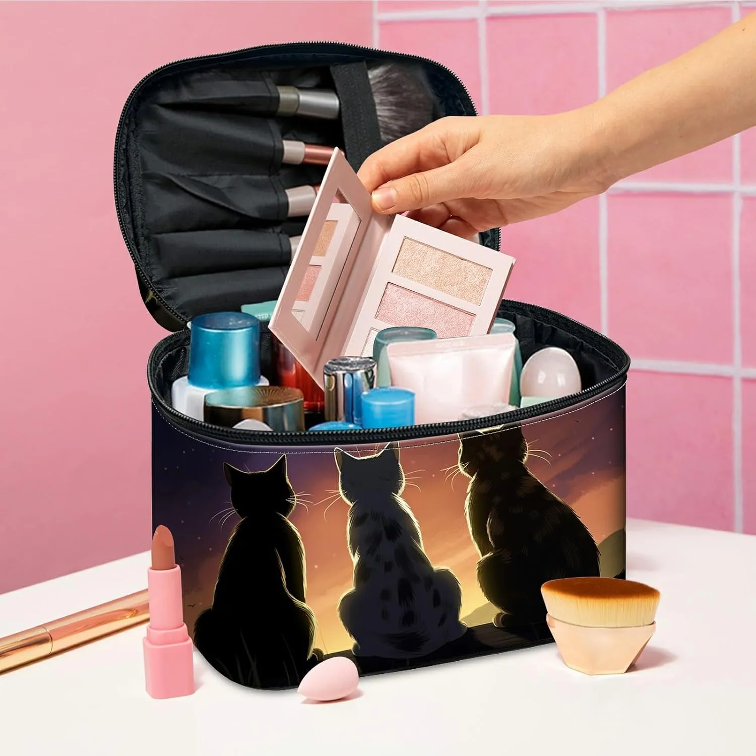 Cosmetic Bags for Women with Dividers, Cute Makeup Bags Travel Bag with Handle Designs, Large Capacity Wash Bag Portable Cosmetic Organizer Storage Case for Ladies Accessories, Cat's Back