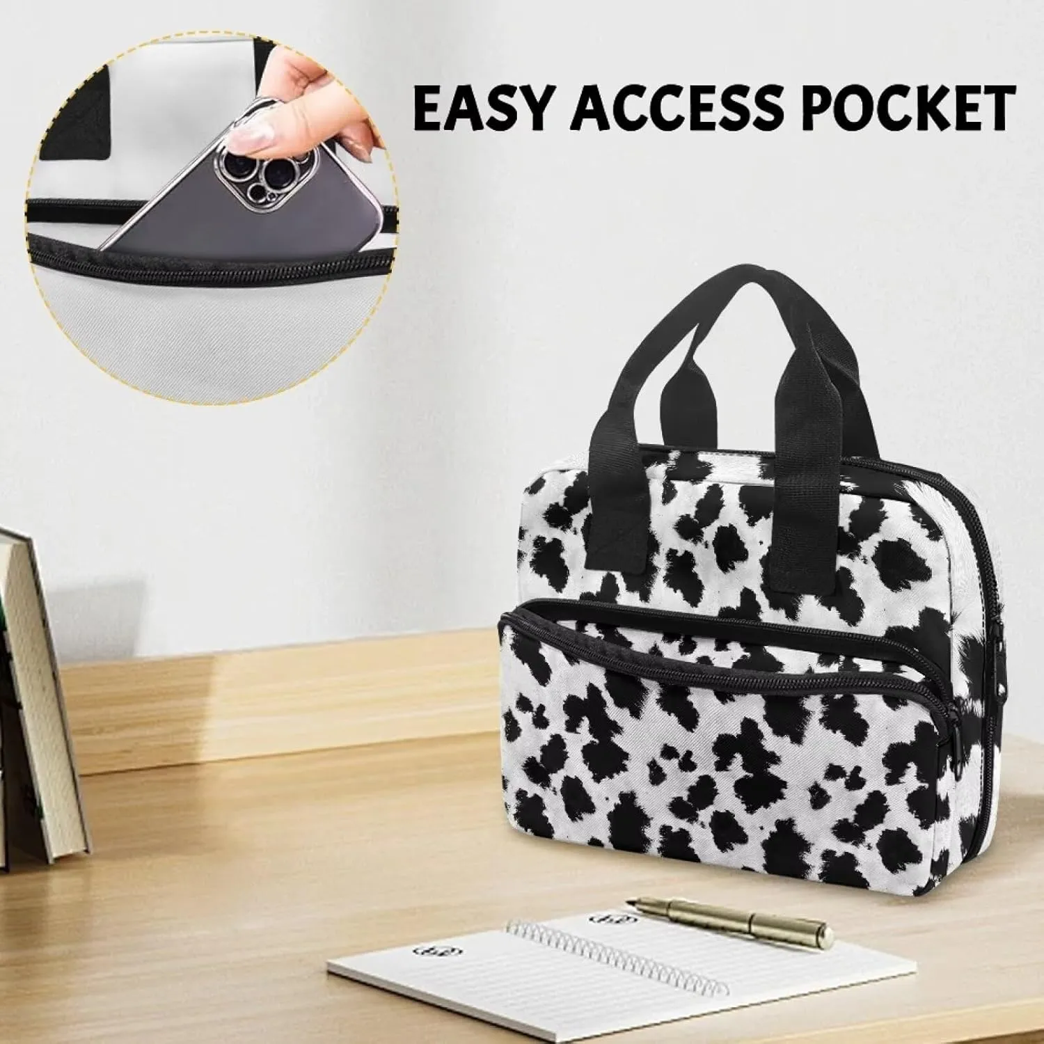 Cow Bible Case, Portable Bible Covers with Handle, Womens Bible Cover Case with Front Zip Pocket, Large Capacity Bible Carrying Bag for Traveling