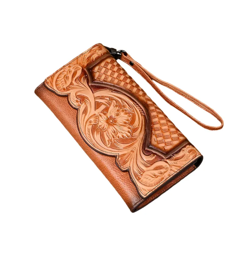 Cowhide Embossed Tri-fold Wallet with Strap