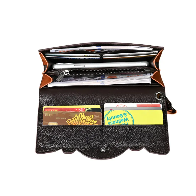 Cowhide Embossed Tri-fold Wallet with Strap