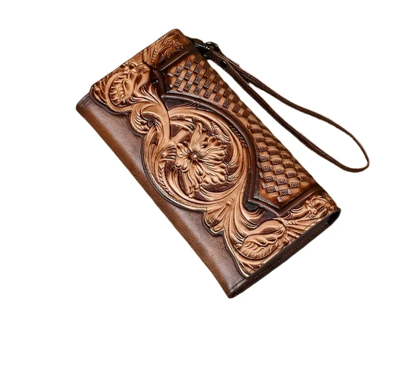 Cowhide Embossed Tri-fold Wallet with Strap