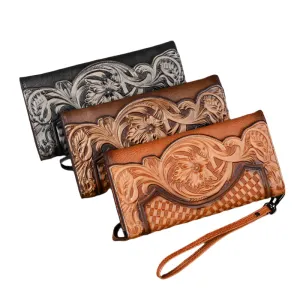 Cowhide Embossed Tri-fold Wallet with Strap