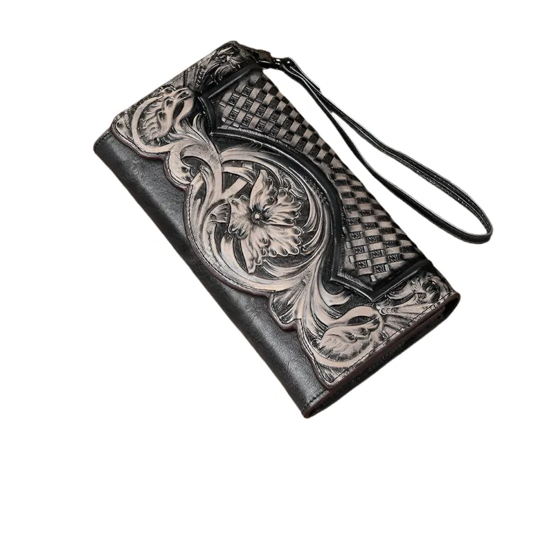 Cowhide Embossed Tri-fold Wallet with Strap