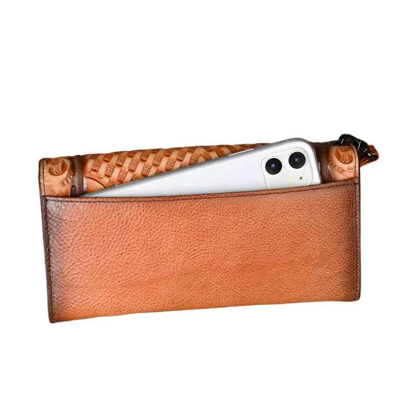 Cowhide Embossed Tri-fold Wallet with Strap