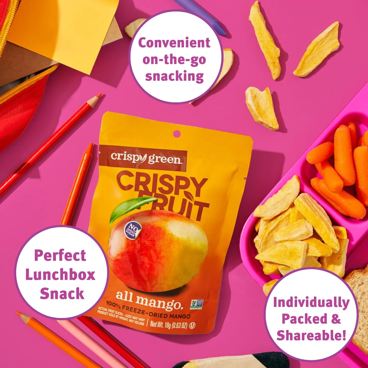 Crispy Green Natural Freeze-Dried Fruit, Mango Single-Serve, No Sugar Added, 0.63 Ounce (Pack of 12)