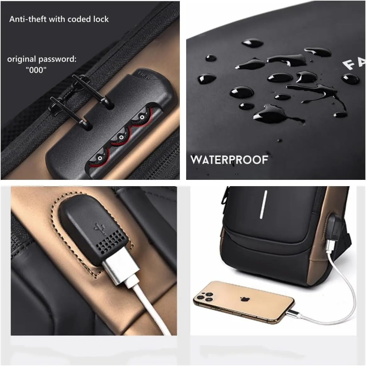 Crossbody Anti-Theft Sling Bag for Men Women,Casual Shoulder Backpack Waterproof Chest Daypack with USB Charging Hole (Black Gold)