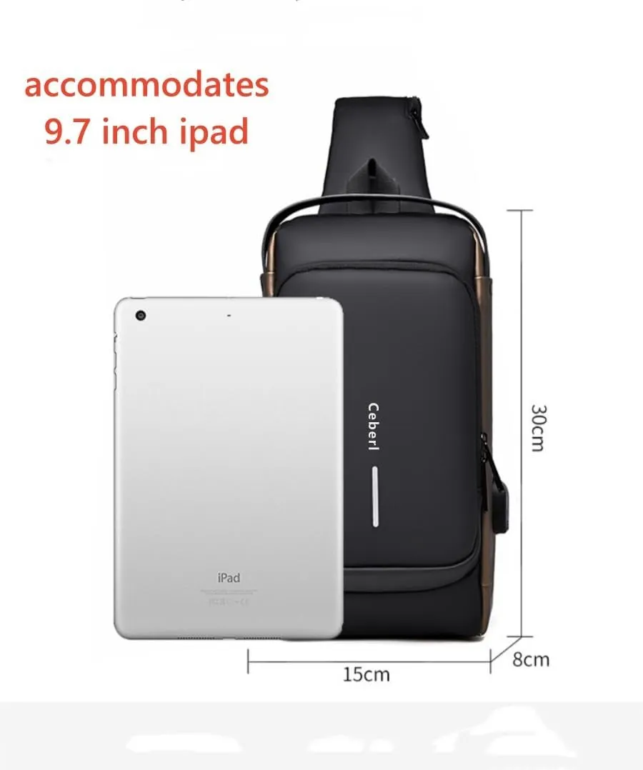 Crossbody Anti-Theft Sling Bag for Men Women,Casual Shoulder Backpack Waterproof Chest Daypack with USB Charging Hole (Black Gold)