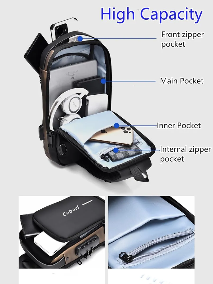 Crossbody Anti-Theft Sling Bag for Men Women,Casual Shoulder Backpack Waterproof Chest Daypack with USB Charging Hole (Black Gold)