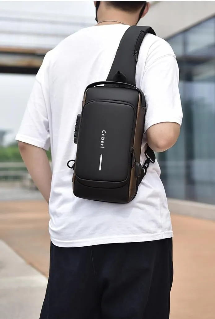 Crossbody Anti-Theft Sling Bag for Men Women,Casual Shoulder Backpack Waterproof Chest Daypack with USB Charging Hole (Black Gold)