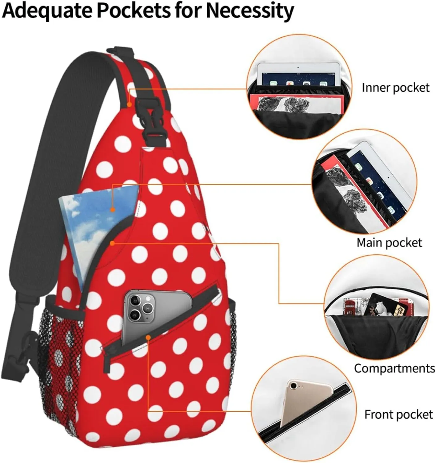Crossbody Bags For Women Men Red White Polka Dot Sling Backpack Chest Shoulder Bag Gym Cycling Travel Hiking Daypack