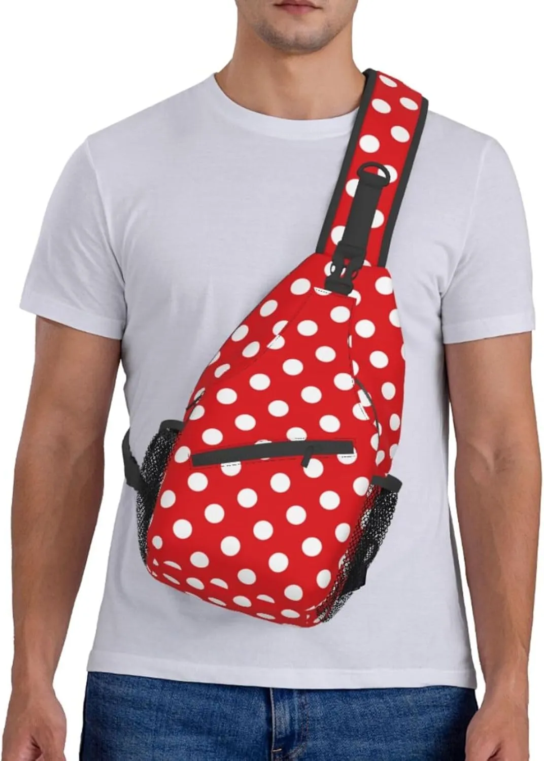 Crossbody Bags For Women Men Red White Polka Dot Sling Backpack Chest Shoulder Bag Gym Cycling Travel Hiking Daypack