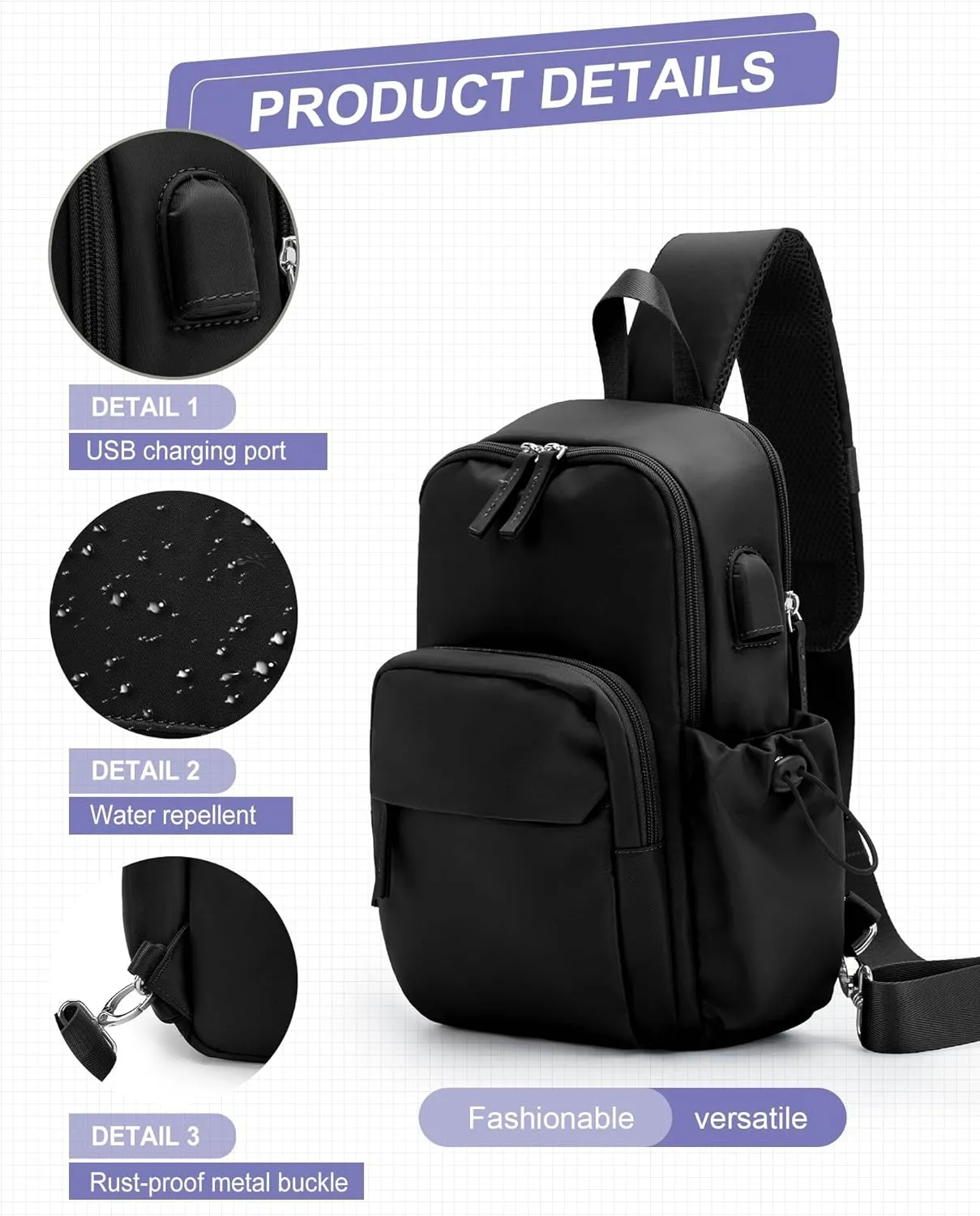 Crossbody Sling Backpacks Sling Bag for Men Women, Small Shoulder Backpack, Anti Theft One Strap Motorcycle Backpack, Mini Tactical Chest Bags Daypack for Casual Travel Hiking Gym Outdoor Sports Black