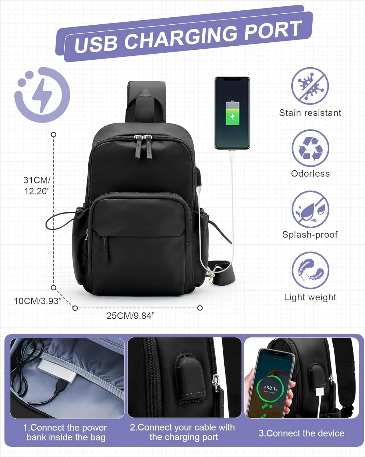 Crossbody Sling Backpacks Sling Bag for Men Women, Small Shoulder Backpack, Anti Theft One Strap Motorcycle Backpack, Mini Tactical Chest Bags Daypack for Casual Travel Hiking Gym Outdoor Sports Black