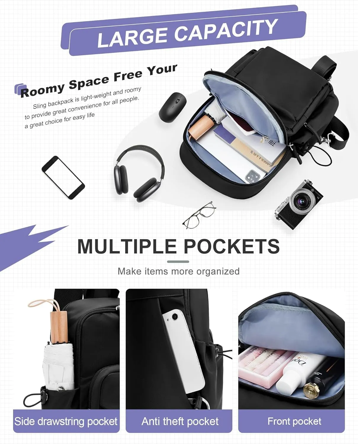 Crossbody Sling Backpacks Sling Bag for Men Women, Small Shoulder Backpack, Anti Theft One Strap Motorcycle Backpack, Mini Tactical Chest Bags Daypack for Casual Travel Hiking Gym Outdoor Sports Black