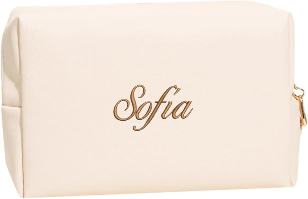 Custom Embroidered PU Leather Makeup Bag - Personalized with Name or Initial, Perfect for Bridal Shower Gifts, Teen Girls, and Organization (1, Beige)