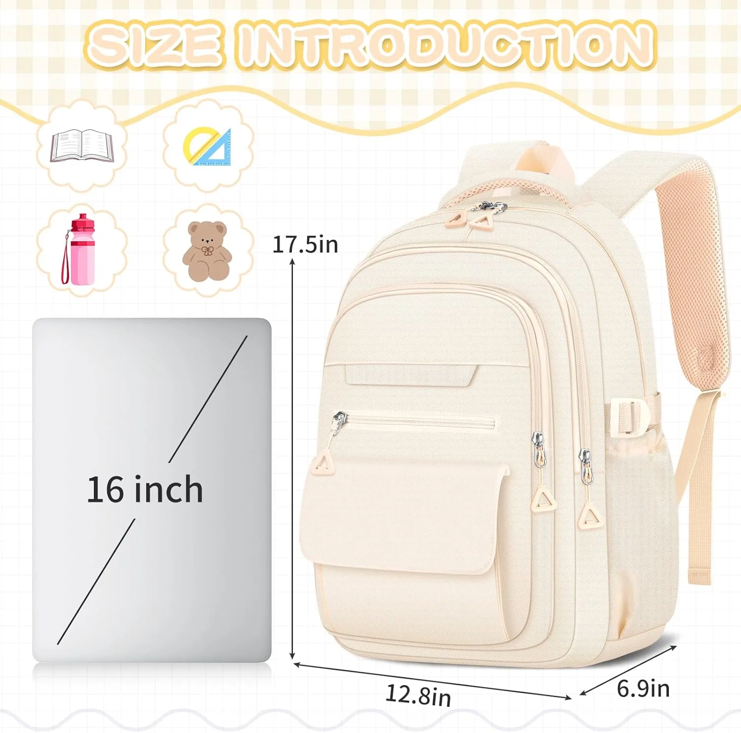 Cute Backpack for School Teen Girls Beige Bookbag Aesthetic Womens Travel Book Bags for School Kids Student Back Packs