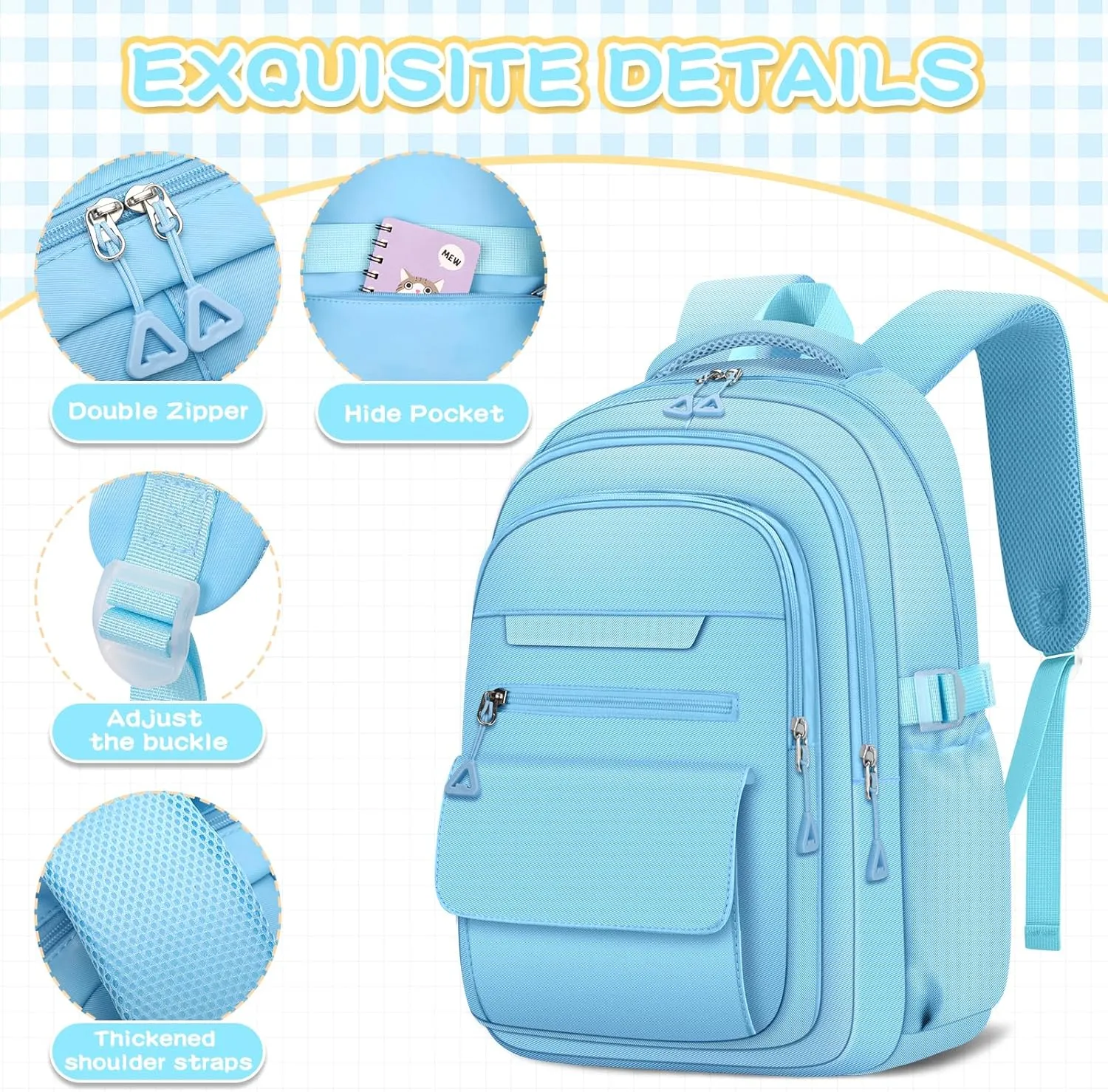 Cute Backpack for School Teen Girls Blue Bookbag Aesthetic Womens Travel Book Bags for School Kids Student Back Packs