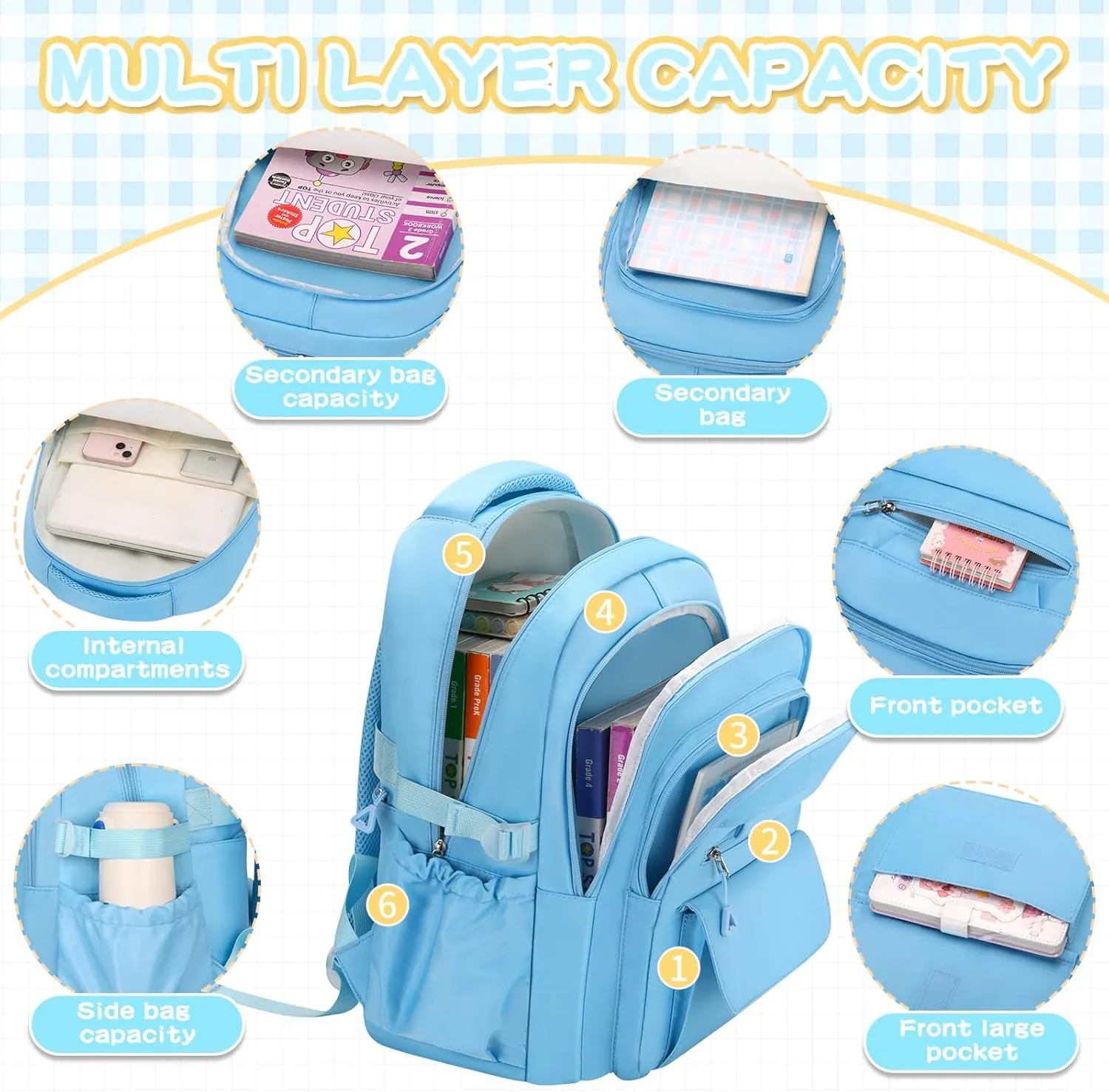Cute Backpack for School Teen Girls Blue Bookbag Aesthetic Womens Travel Book Bags for School Kids Student Back Packs