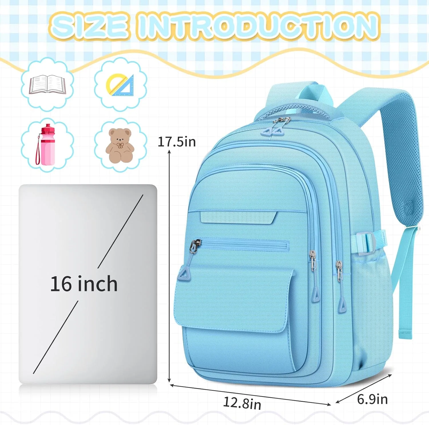 Cute Backpack for School Teen Girls Blue Bookbag Aesthetic Womens Travel Book Bags for School Kids Student Back Packs