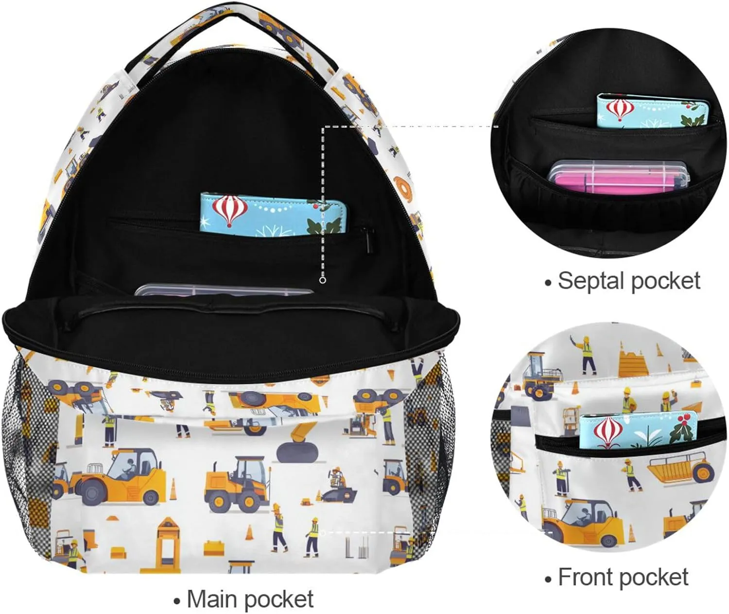 Cute Backpack for Women Men Waterproof Laptop Bag with Chest Strap for Travel Trip Construction Scene Concrete Mixer Truck Bulldozer