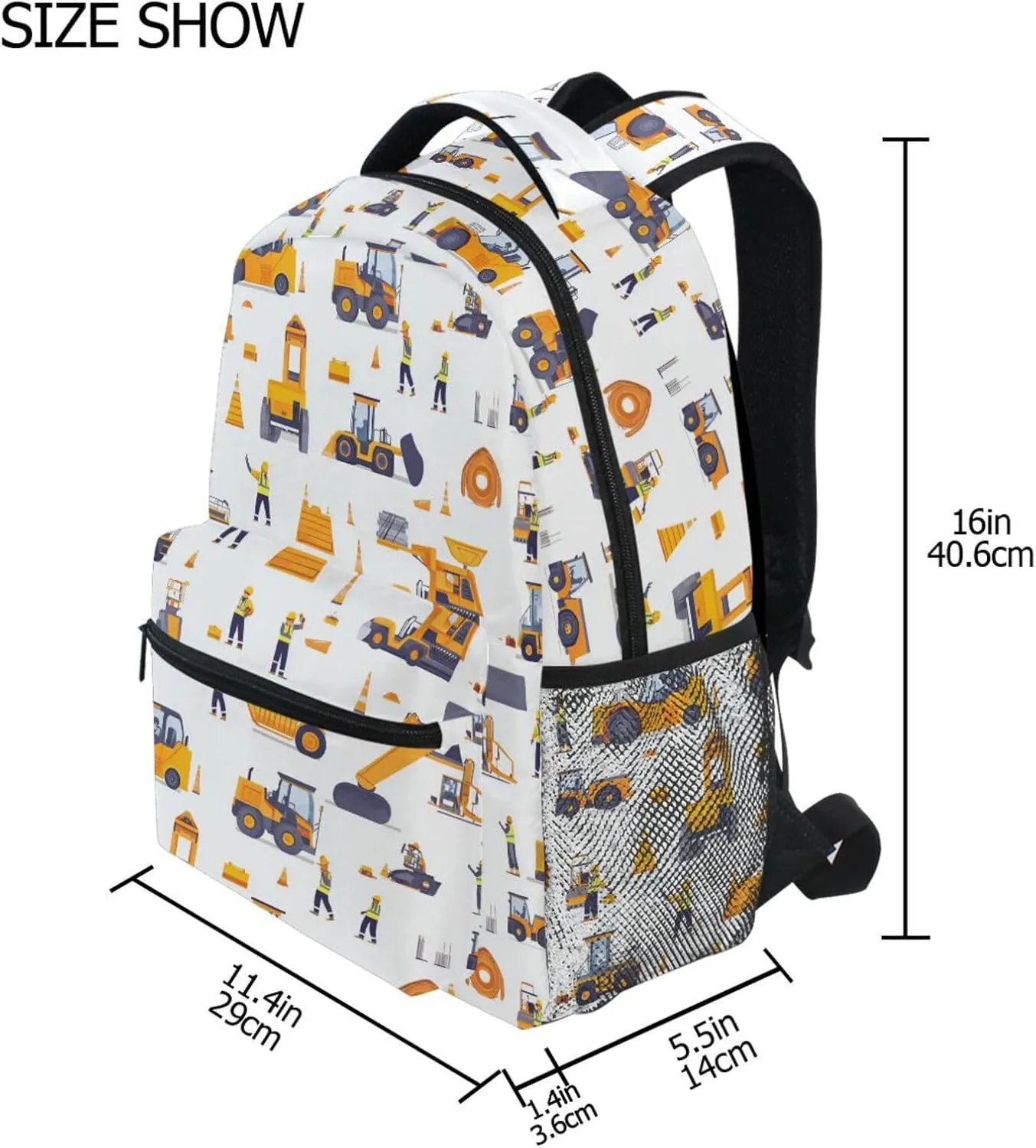 Cute Backpack for Women Men Waterproof Laptop Bag with Chest Strap for Travel Trip Construction Scene Concrete Mixer Truck Bulldozer