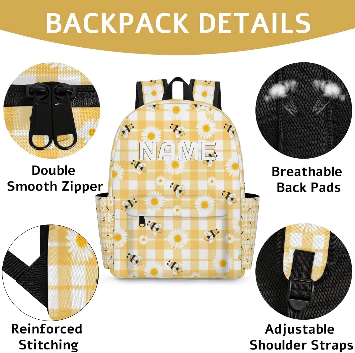 Cute Bee Animal Customized Kids Backpack for Boys Girls Floral Daisy Personalized Preschool Toddler Backpack Kindergarten Nursery Bookbag Travel Children School Bag