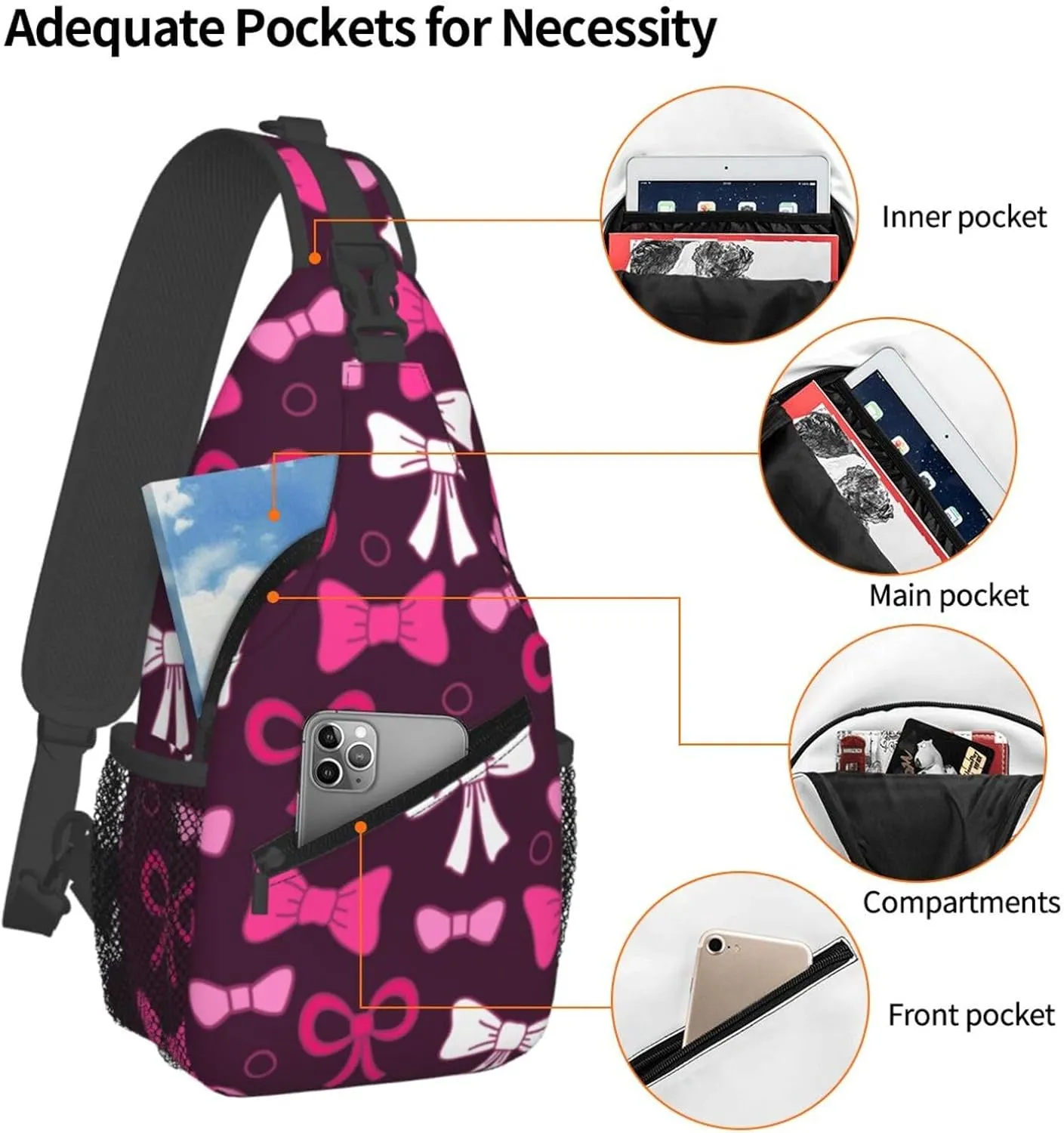 Cute Bow Men's Crossbody Chest Bag Adjustable Sling Shoulder Bags Backpack for Women Travel Sport