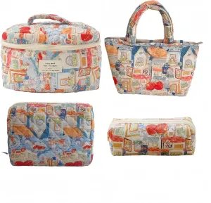 Cute Coastal Cotton Floral Quilted Makeup Bag Set of 4, Coquette Flowers Cloth Cosmetic Organizer Bag Sets for Women (Bear)