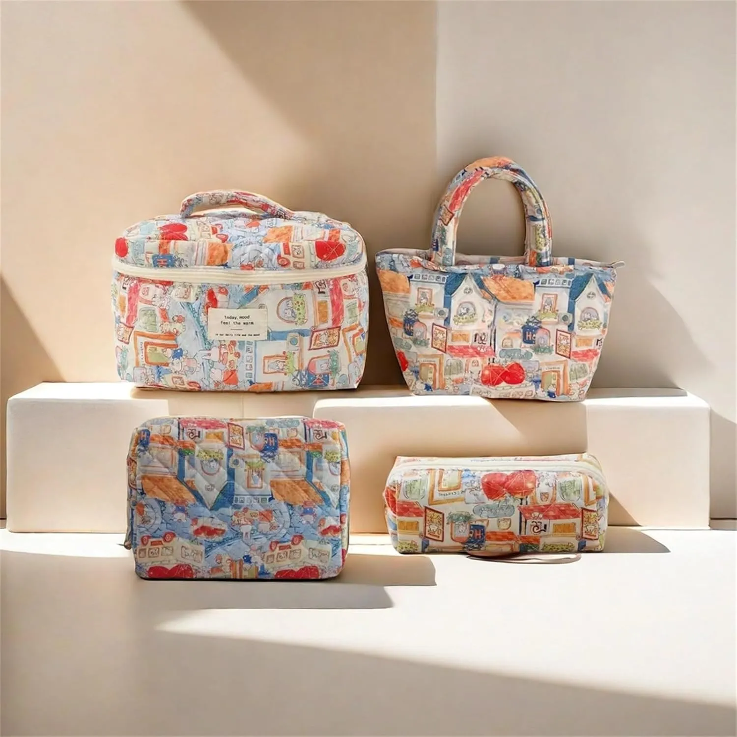 Cute Coastal Cotton Floral Quilted Makeup Bag Set of 4, Coquette Flowers Cloth Cosmetic Organizer Bag Sets for Women (Bear)