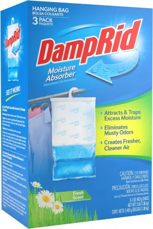 DampRid Hanging Bag, Moisture Absorber, Pack of 3 (16 oz. ea.), 3 Pack, Blue