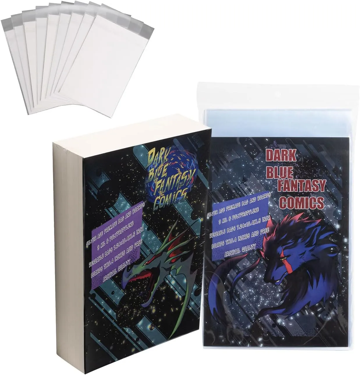 Dark Blue Fantasy Premade Silver Age Comics Book Bags and Boards Resealable -100 Bags 7.24"x10.4" with Flap 1.5"& Boards 7"X10.4" with a New Comic Book-Comic Books Protector Backing Board-Archival use