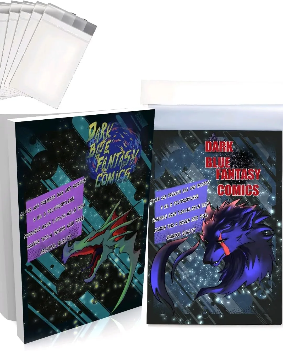 Dark Blue Fantasy Premade Silver Age Comics Book Bags and Boards Resealable -100 Bags 7.24"x10.4" with Flap 1.5"& Boards 7"X10.4" with a New Comic Book-Comic Books Protector Backing Board-Archival use