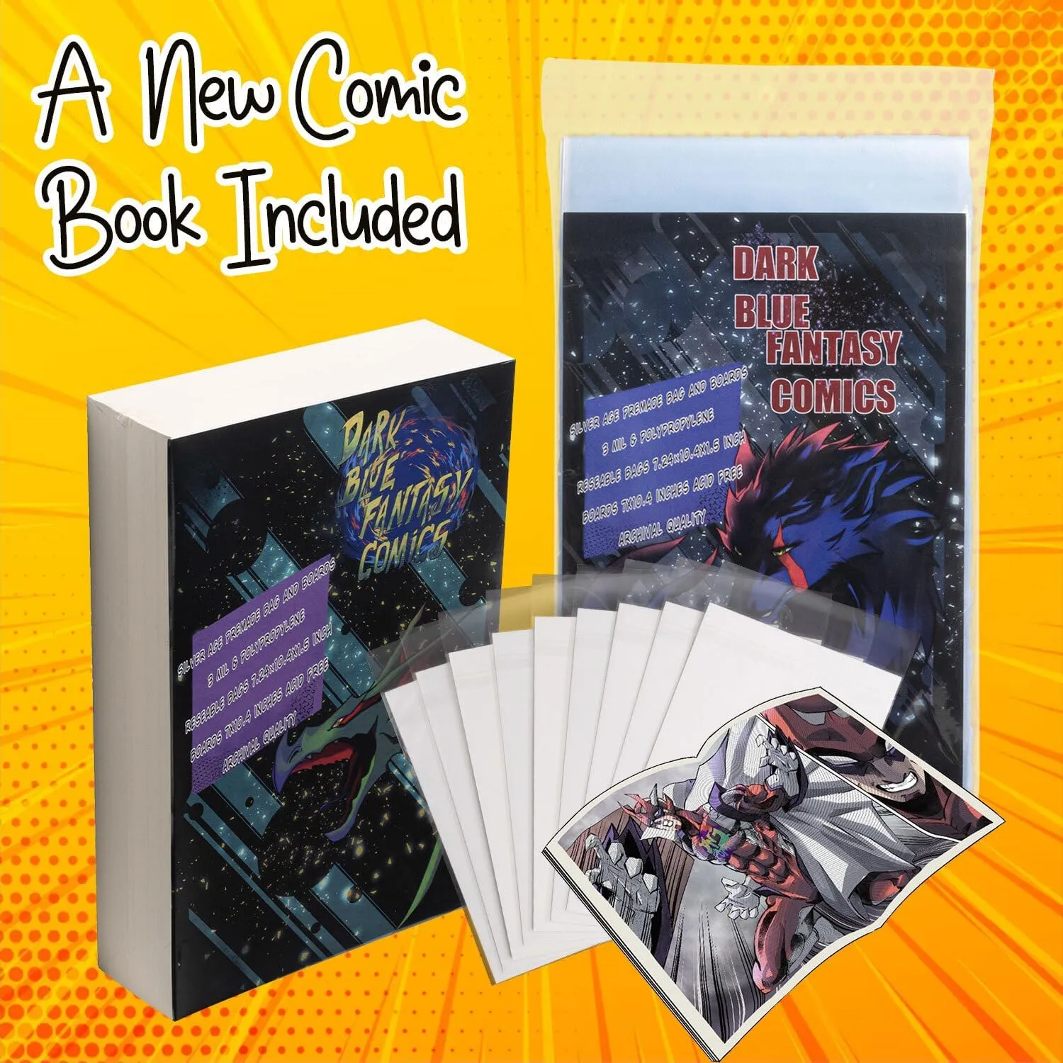 Dark Blue Fantasy Premade Silver Age Comics Book Bags and Boards Resealable -100 Bags 7.24"x10.4" with Flap 1.5"& Boards 7"X10.4" with a New Comic Book-Comic Books Protector Backing Board-Archival use
