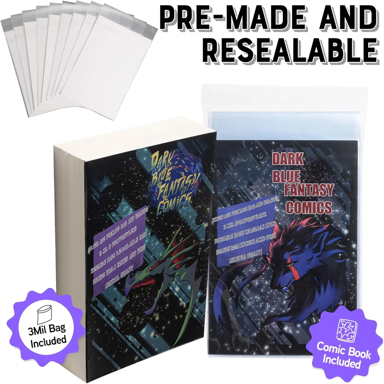 Dark Blue Fantasy Premade Silver Age Comics Book Bags and Boards Resealable -100 Bags 7.24"x10.4" with Flap 1.5"& Boards 7"X10.4" with a New Comic Book-Comic Books Protector Backing Board-Archival use
