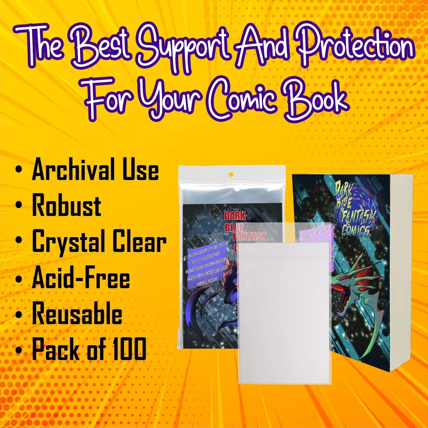 Dark Blue Fantasy Premade Silver Age Comics Book Bags and Boards Resealable -100 Bags 7.24"x10.4" with Flap 1.5"& Boards 7"X10.4" with a New Comic Book-Comic Books Protector Backing Board-Archival use