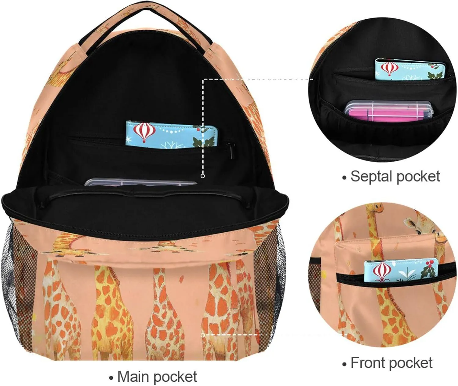 Day Backpack for Unisex Adult Waterproof Laptop Bookbag with Chest Strap for Business Work College Travel Trip Chic Giraffe Peach