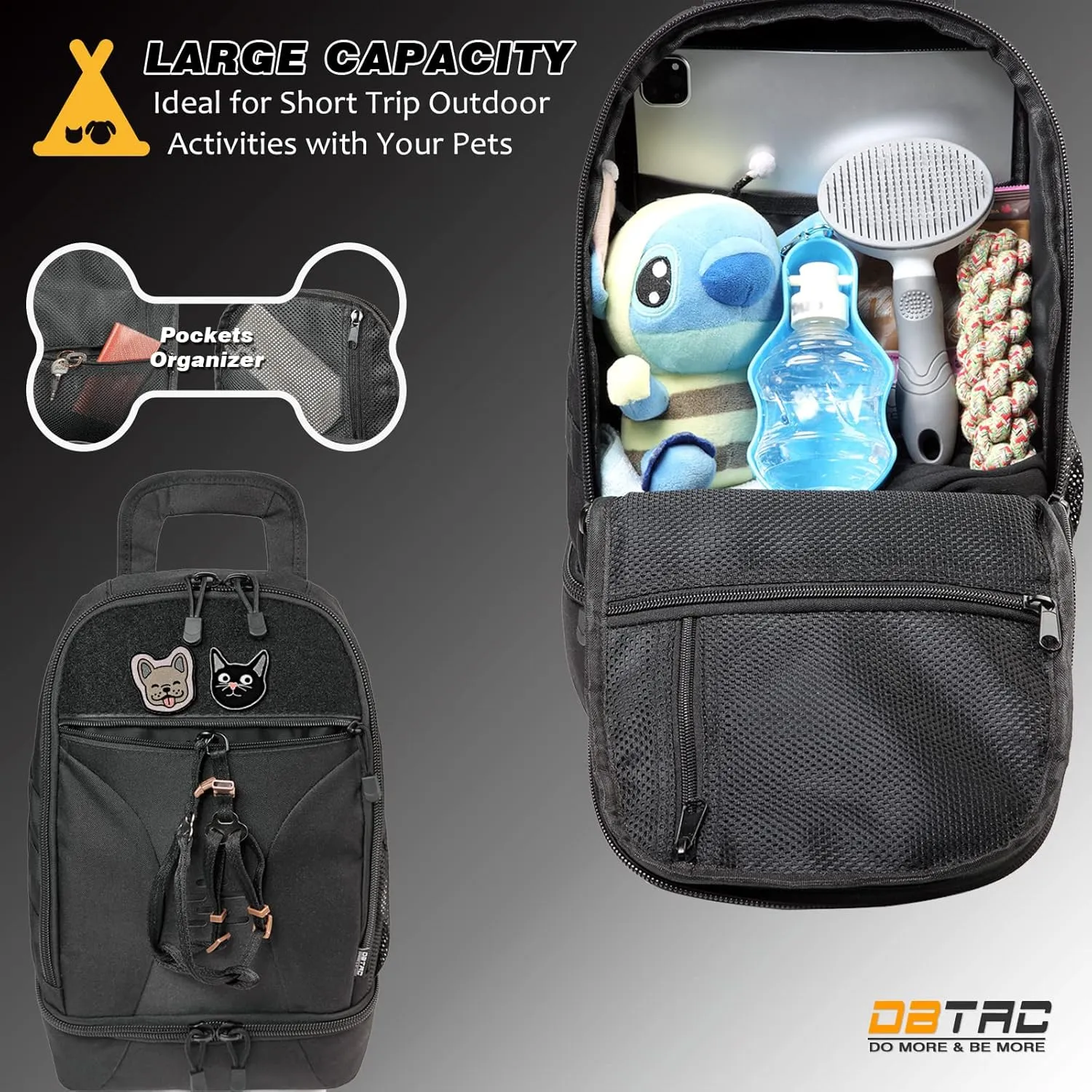 DBTAC DO MORE & BE MORE Tactical Pet Backpack for Small Dogs & Cats - Compact Travel Bag with Insulated Pocket, Detachable Food Container | Outdoor Hiking, Road Trip, Airplane Approved, Black