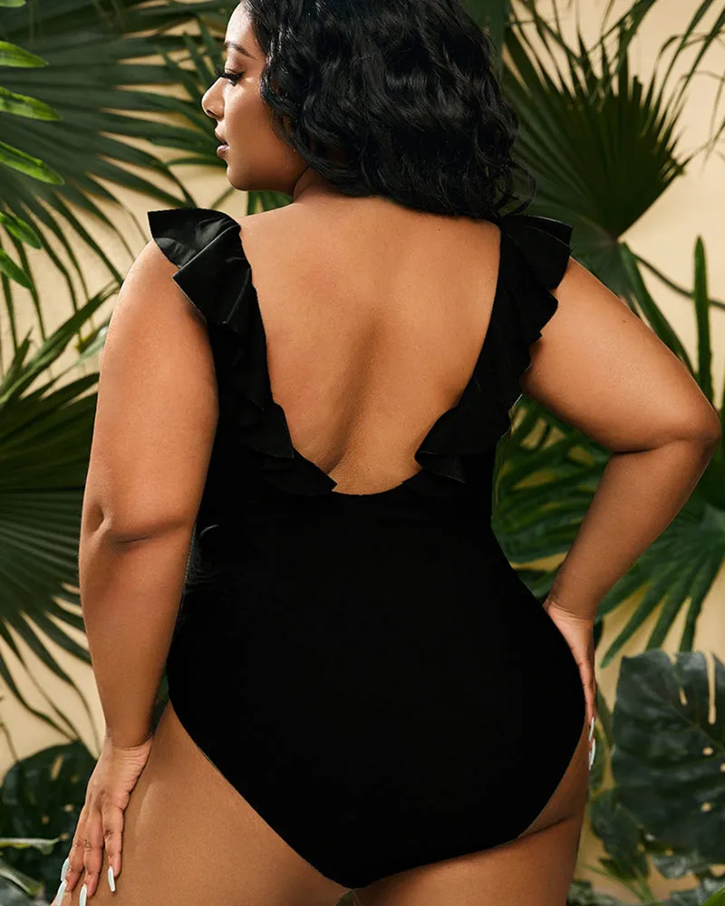 Deep V-neck Plus Size Ruffle Women High Waist Swimwear L-4XL