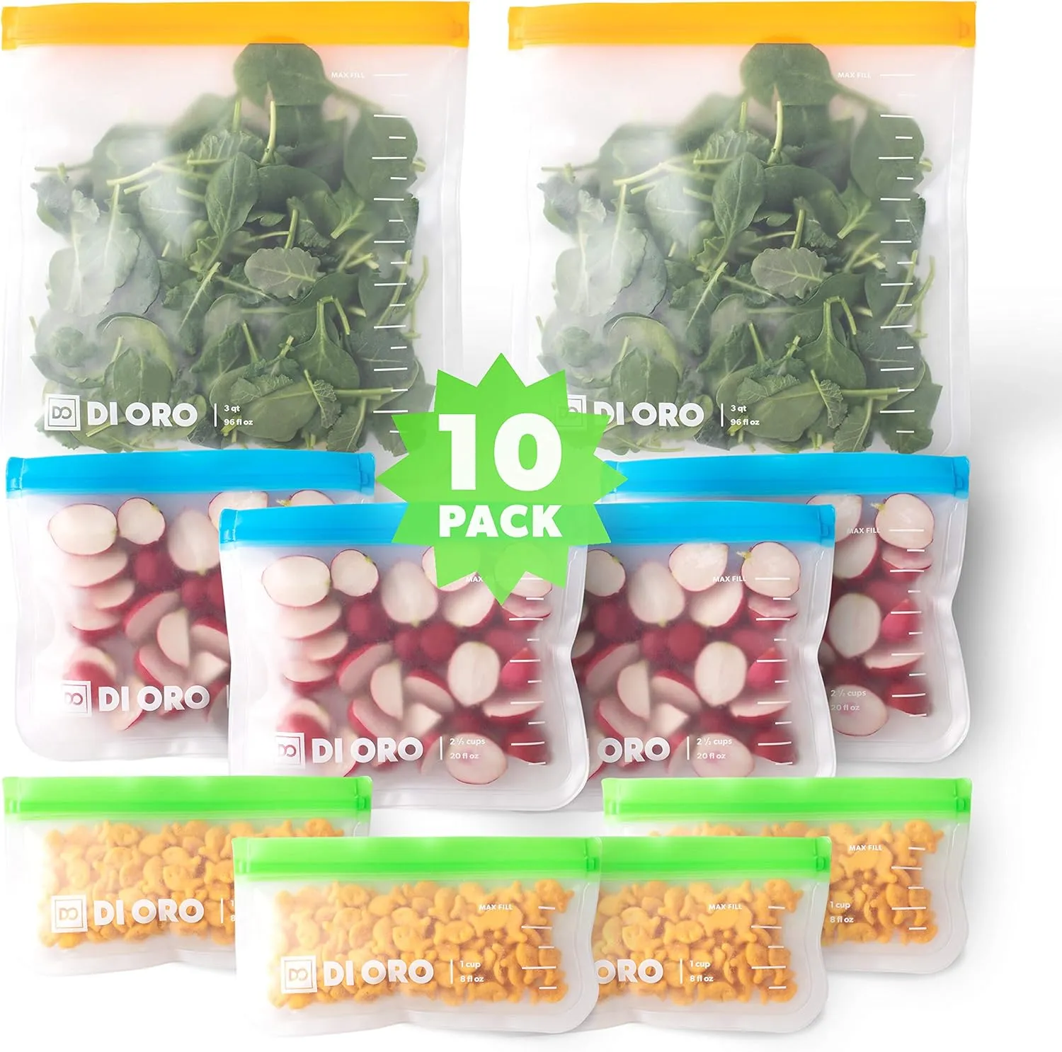 DI ORO Reusable Food Storage Bags - Thick, Leakproof, Freezer Safe - Gallon Bags for Snacks & Travel - Washable, 10pc