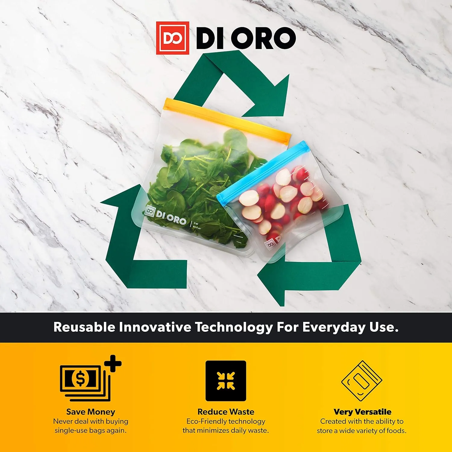 DI ORO Reusable Food Storage Bags - Thick, Leakproof, Freezer Safe - Gallon Bags for Snacks & Travel - Washable, 10pc