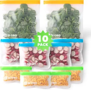 DI ORO Reusable Food Storage Bags - Thick, Leakproof, Freezer Safe - Gallon Bags for Snacks & Travel - Washable, 10pc