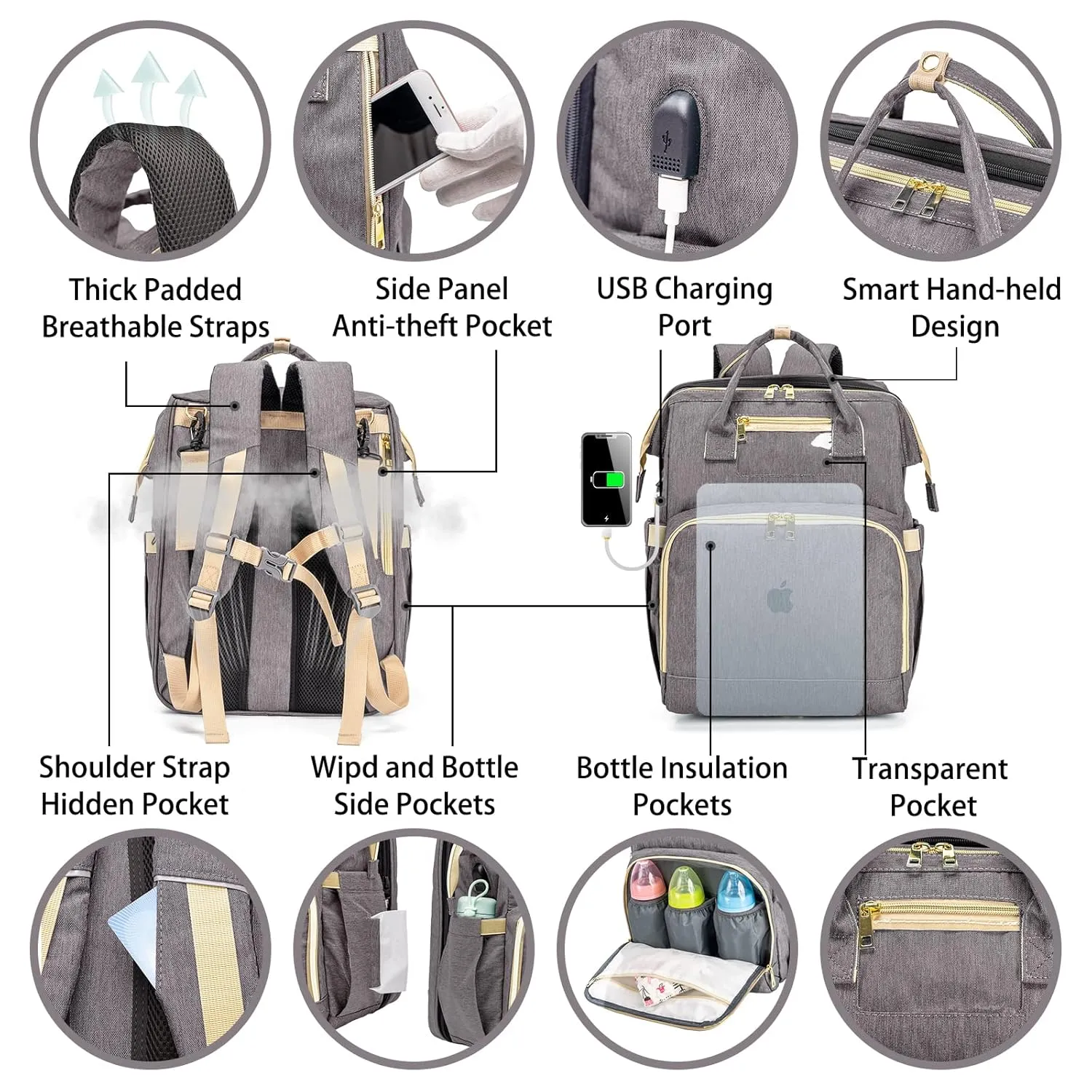 Diaper Bag Backpack, Large Baby Diaper Bags for Boys Girls, Baby Bag with USB Charging Port, Multifunction Waterproof Travel Back Pack for Moms Dads, Grey