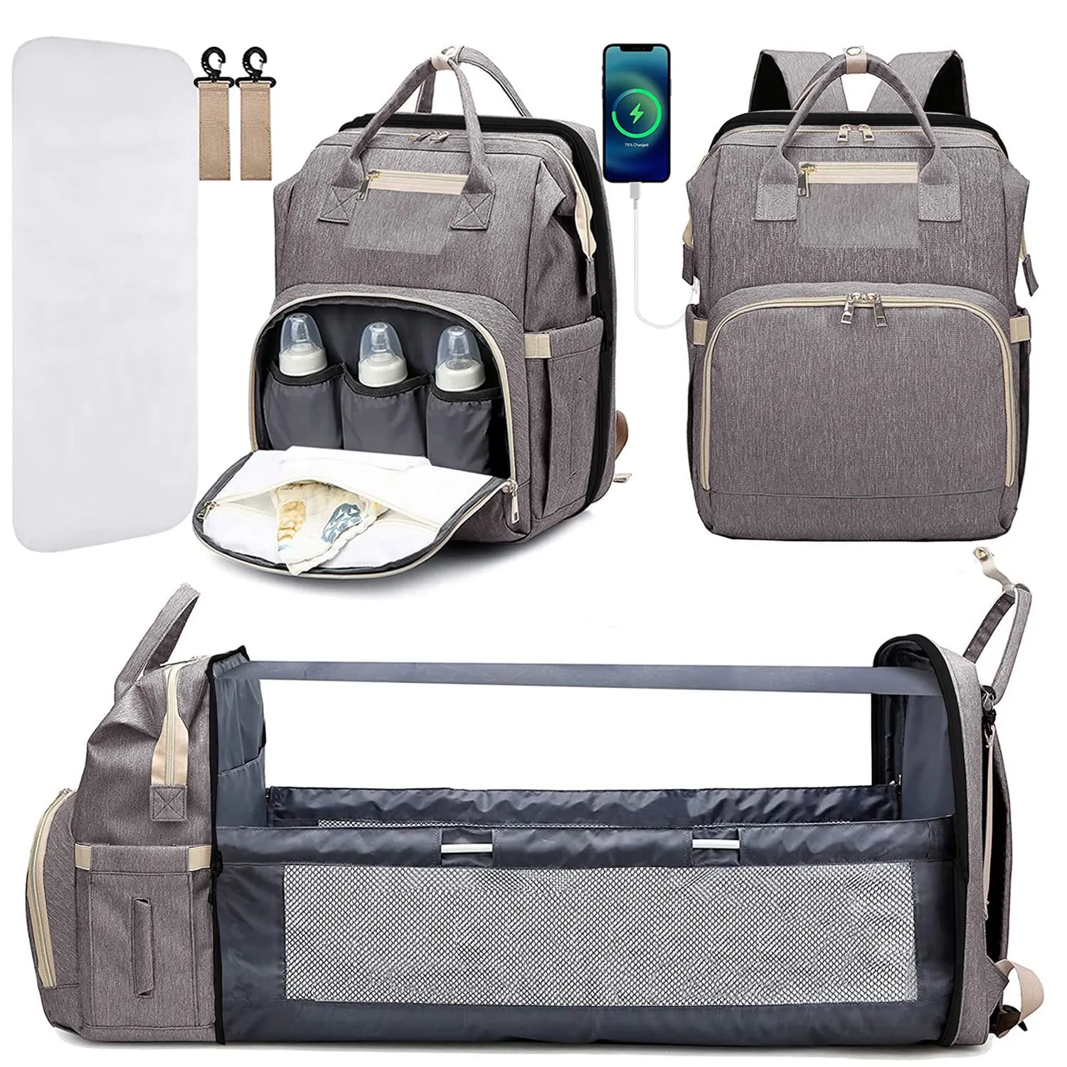 Diaper Bag Backpack, Large Baby Diaper Bags for Boys Girls, Baby Bag with USB Charging Port, Multifunction Waterproof Travel Back Pack for Moms Dads, Grey